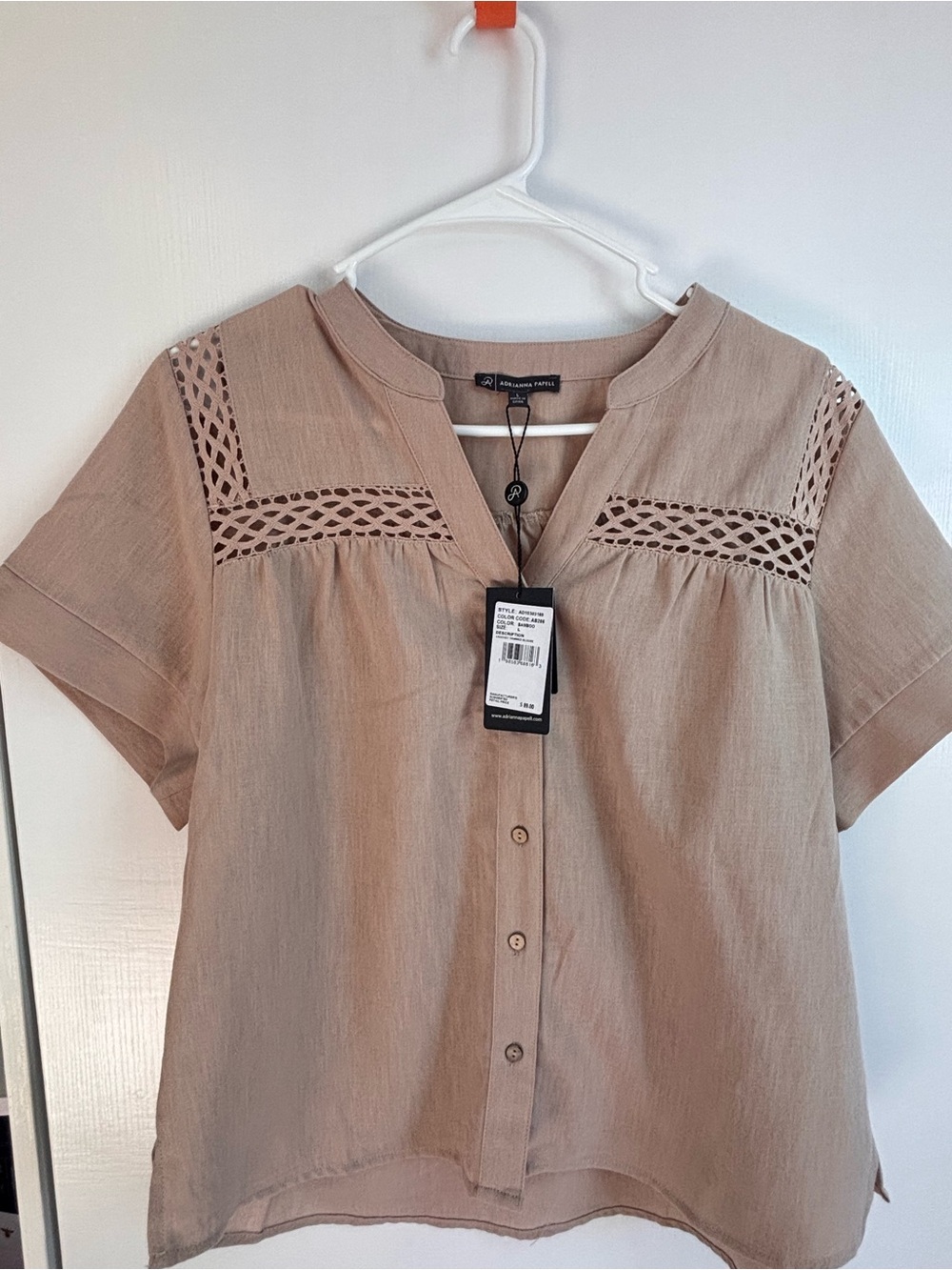 Adrianna Papell Taupe Crochet-Trim Button Front Blouse